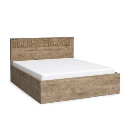 Bett Korin 160x200 in Eiche – Bett mit Bettkasten und hohem Kopfteil mit geriffelter Front