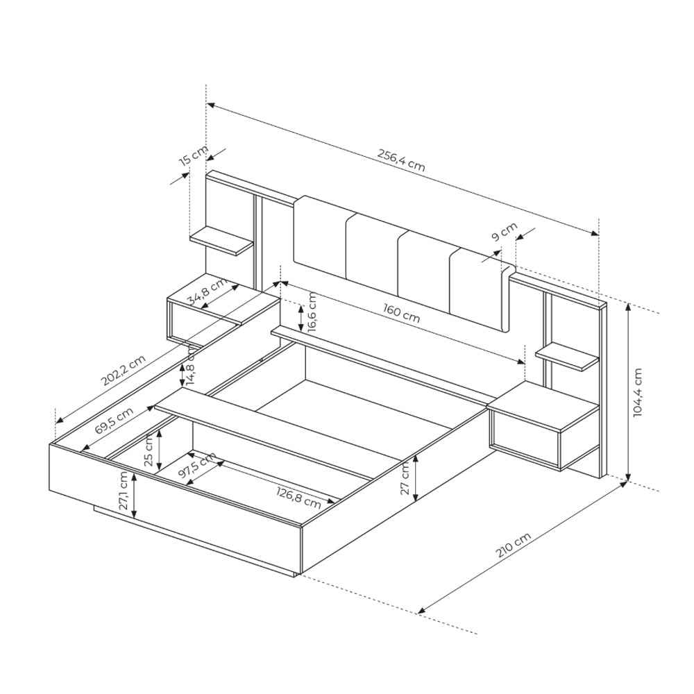 Łóżko tapicerowane z pojemnikiem w stylu glamour – zintegrowane stoliki nocne | Dust