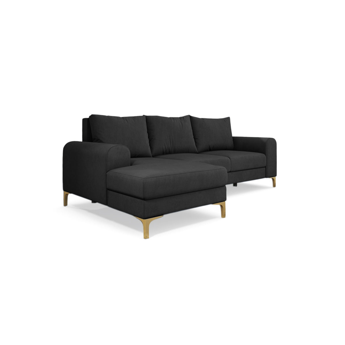 Ecksofa Arpelo 245x145 linksseitig Grafitgrau (MANILA 19) auf goldenen Füßen – Ecksofa mit Schlaffunktion