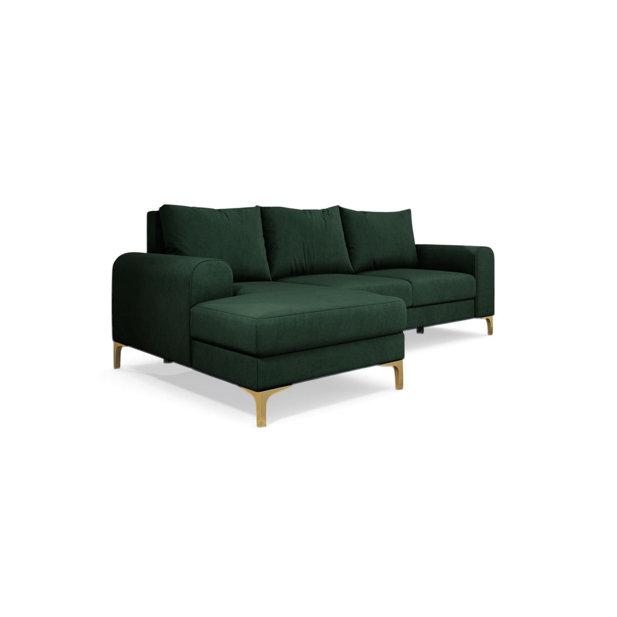 Ecksofa Arpelo 245x145 linksseitig Waldmoos (MANILA 35) auf goldenen Füßen – modernes Ecksofa im Boho-Stil