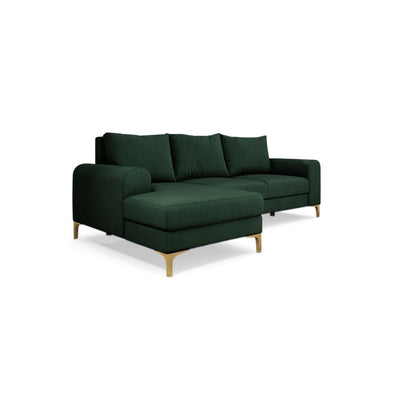 Ecksofa Arpelo 245x145 linksseitig Waldmoos (MANILA 35) auf goldenen Füßen – modernes Ecksofa im Boho-Stil
