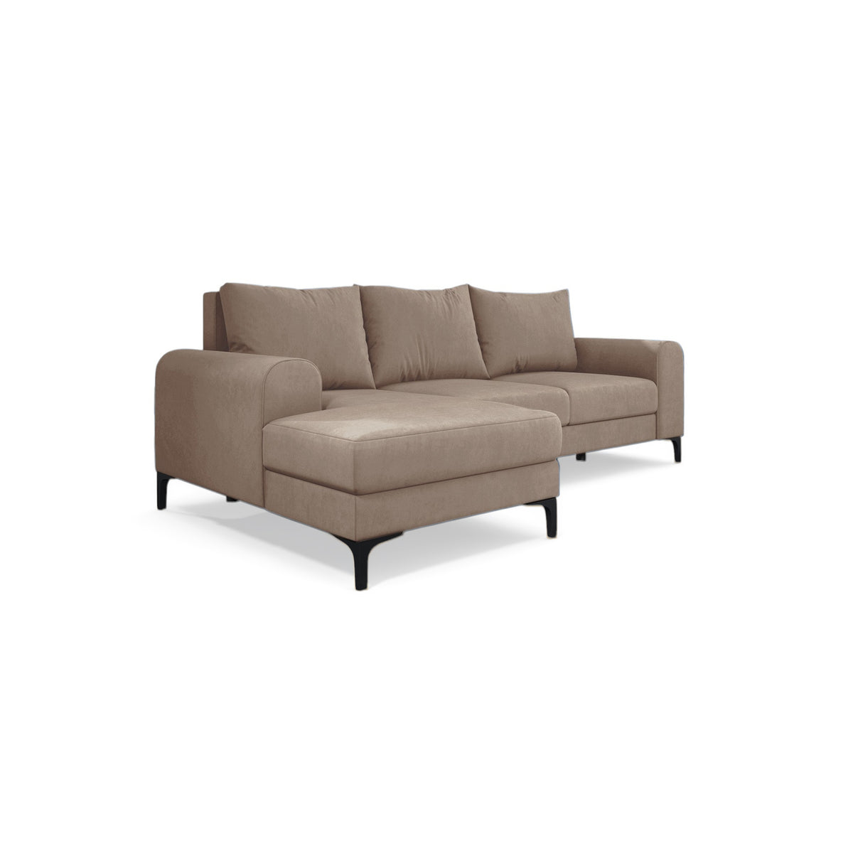 Ecksofa Arpelo 245x145 linksseitig Puderfarbene Nuss (MANILA 02) auf schwarzen Füßen – ausklappbares Velours-Ecksofa