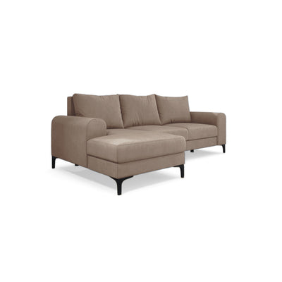 Ecksofa Arpelo 245x145 linksseitig Puderfarbene Nuss (MANILA 02) auf schwarzen Füßen – ausklappbares Velours-Ecksofa