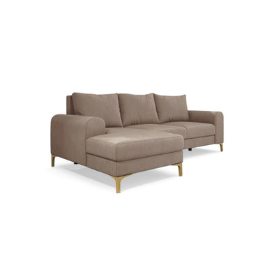 Ecksofa Arpelo 245x145 linksseitig Puderfarbene Nuss (MANILA 02) auf goldenen Füßen – ausklappbares Velours-Ecksofa