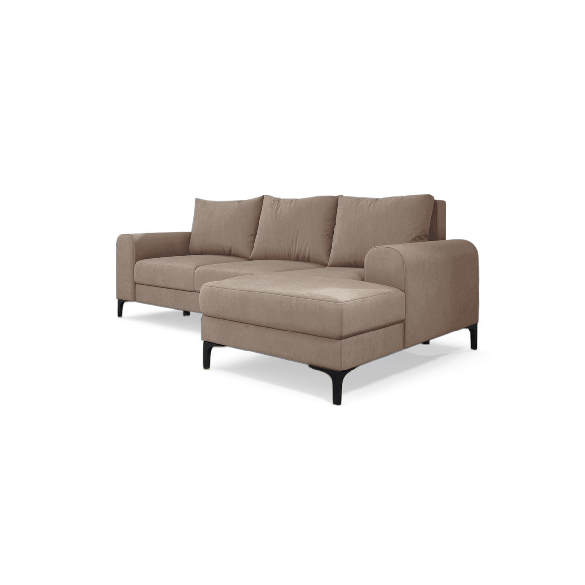 Ecksofa Arpelo 245x145 rechtsseitig Puderfarbene Nuss (MANILA 02) auf schwarzen Füßen – ausklappbares Velours-Ecksofa
