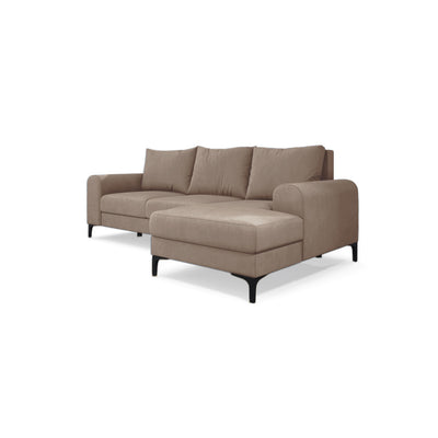 Ecksofa Arpelo 245x145 rechtsseitig Puderfarbene Nuss (MANILA 02) auf schwarzen Füßen – ausklappbares Velours-Ecksofa