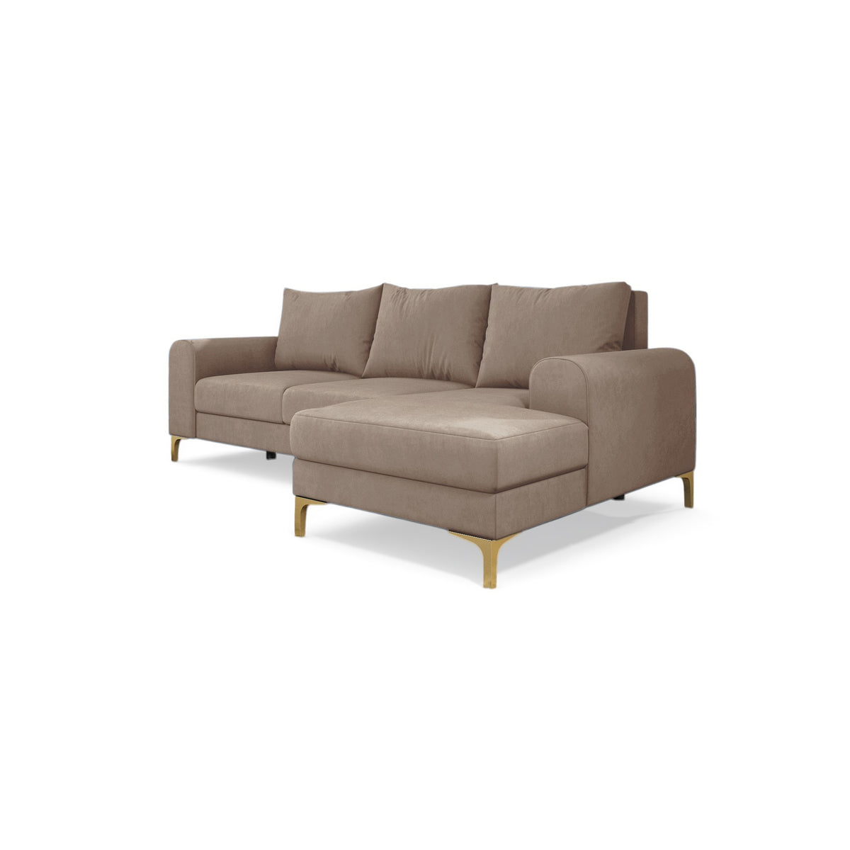 Ecksofa Arpelo 245x145 rechtsseitig Puderfarbene Nuss (MANILA 02) auf goldenen Füßen – ausklappbares Velours-Ecksofa