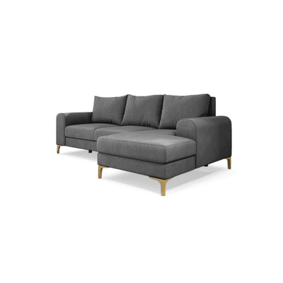 Ecksofa Arpelo 245x145 rechtsseitig Stahlgrau (MANILA 16) auf goldenen Füßen – Ecksofa mit Bettkasten