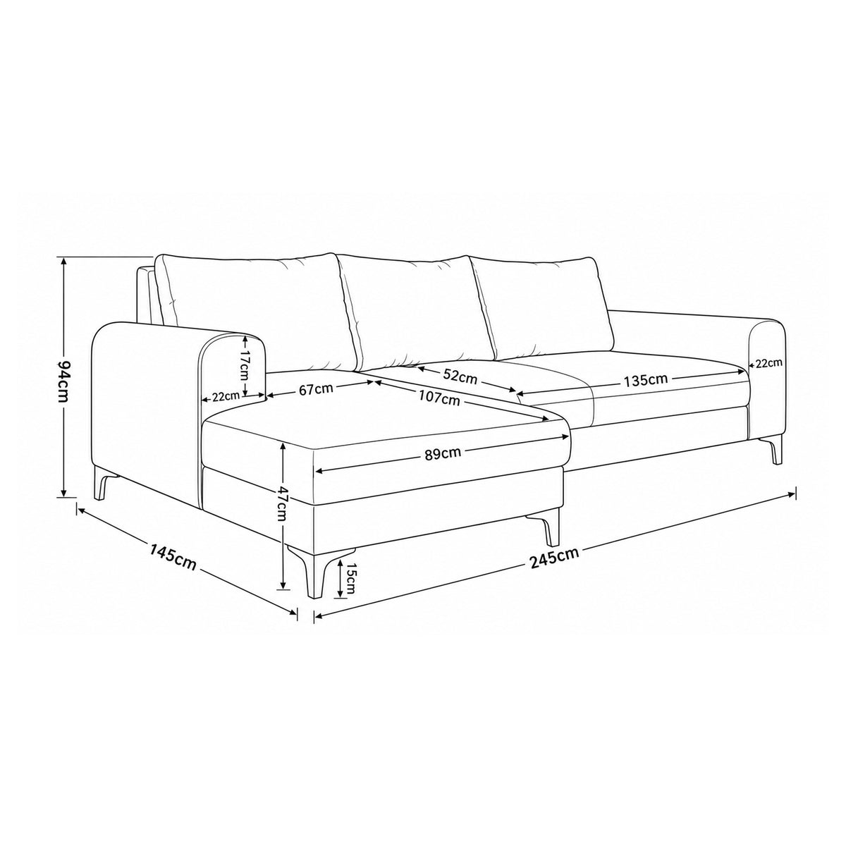 Ecksofa Arpelo 245x145 – Maßzeichnung mit Breite, Höhe, Tiefe von Sitzfläche und Récamiere