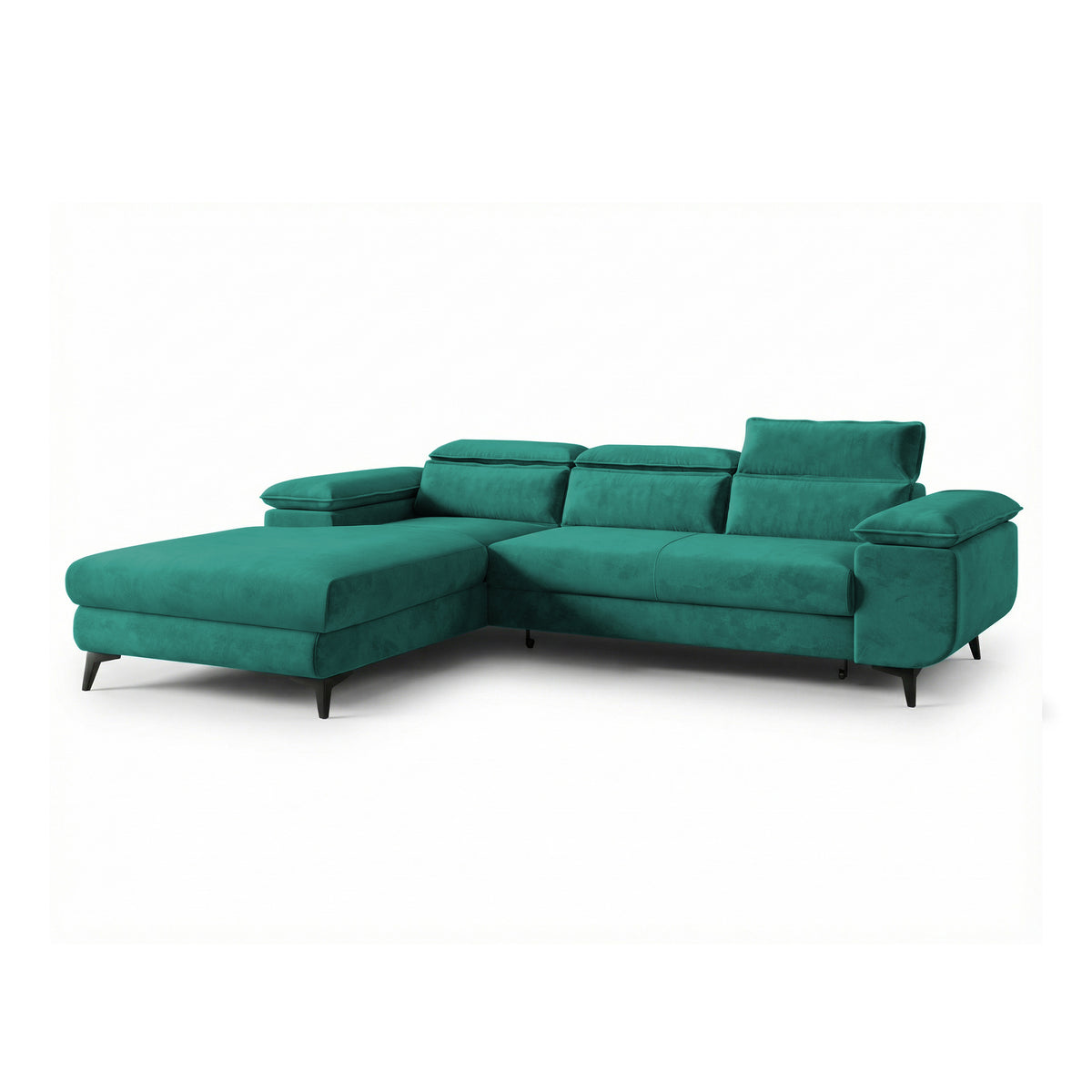 Ecksofa Bessi 276x205 linksseitig Meeresgrün Smaragd (MONOLITH 37) mit Kopfstützen – Ecksofa mit Bettkasten