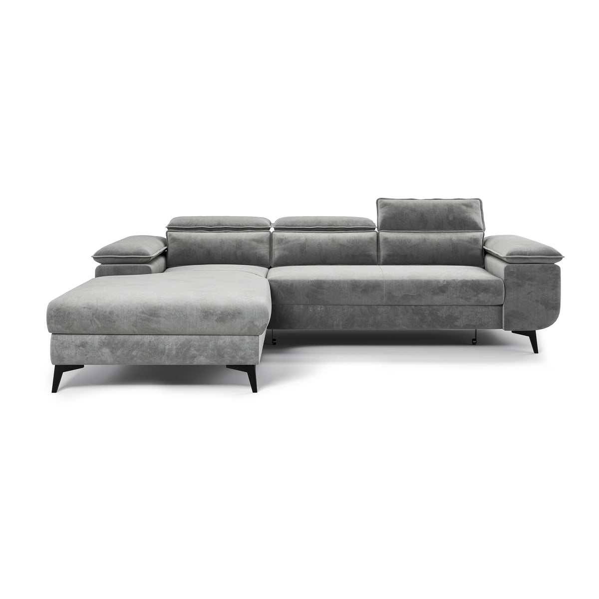 Ecksofa Bessi 276x205 linksseitig Aschnebel (MONOLITH 84) – Ansicht von vorne, Longchair und hohe schwarze Füße