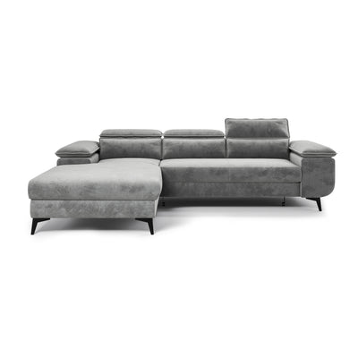Ecksofa Bessi 276x205 linksseitig Aschnebel (MONOLITH 84) – Ansicht von vorne, Longchair und hohe schwarze Füße
