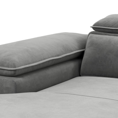 Ecksofa Bessi 276x205 Aschnebel (MONOLITH 84) – Nahaufnahme von Armlehne, Kopfstütze und Veloursbezug