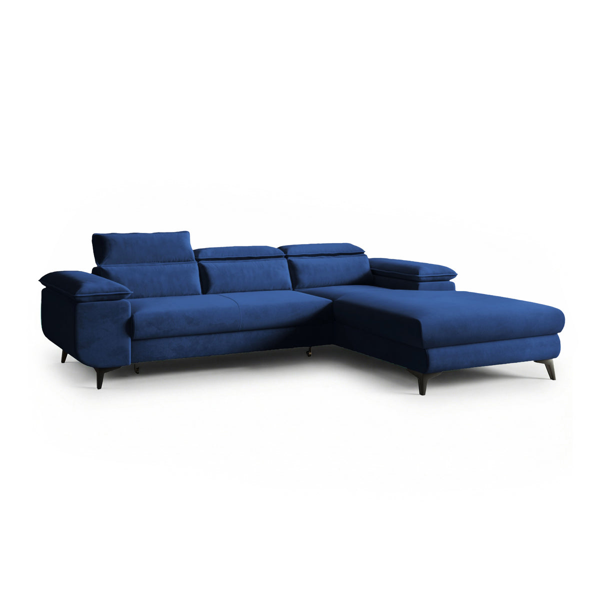 Ecksofa Bessi 276x205 rechtsseitig Tintenmarine (MONOLITH 77) mit Kopfstützen – Ecksofa mit Schlaffunktion