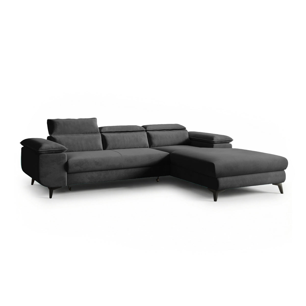 Ecksofa Bessi 276x205 rechtsseitig Grafitschatten (MONOLITH 92) mit Kopfstützen – modernes Ecksofa fürs Wohnzimmer