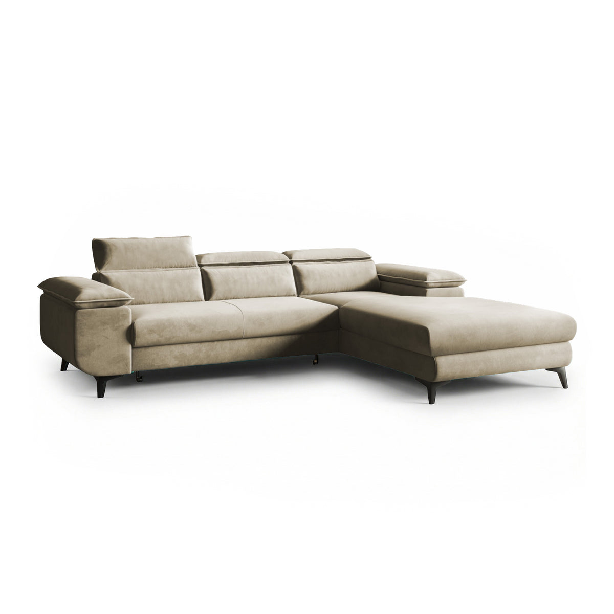 Ecksofa Bessi 276x205 rechtsseitig Olivsand (MONOLITH 04) mit Kopfstützen – ausklappbares Velours-Ecksofa