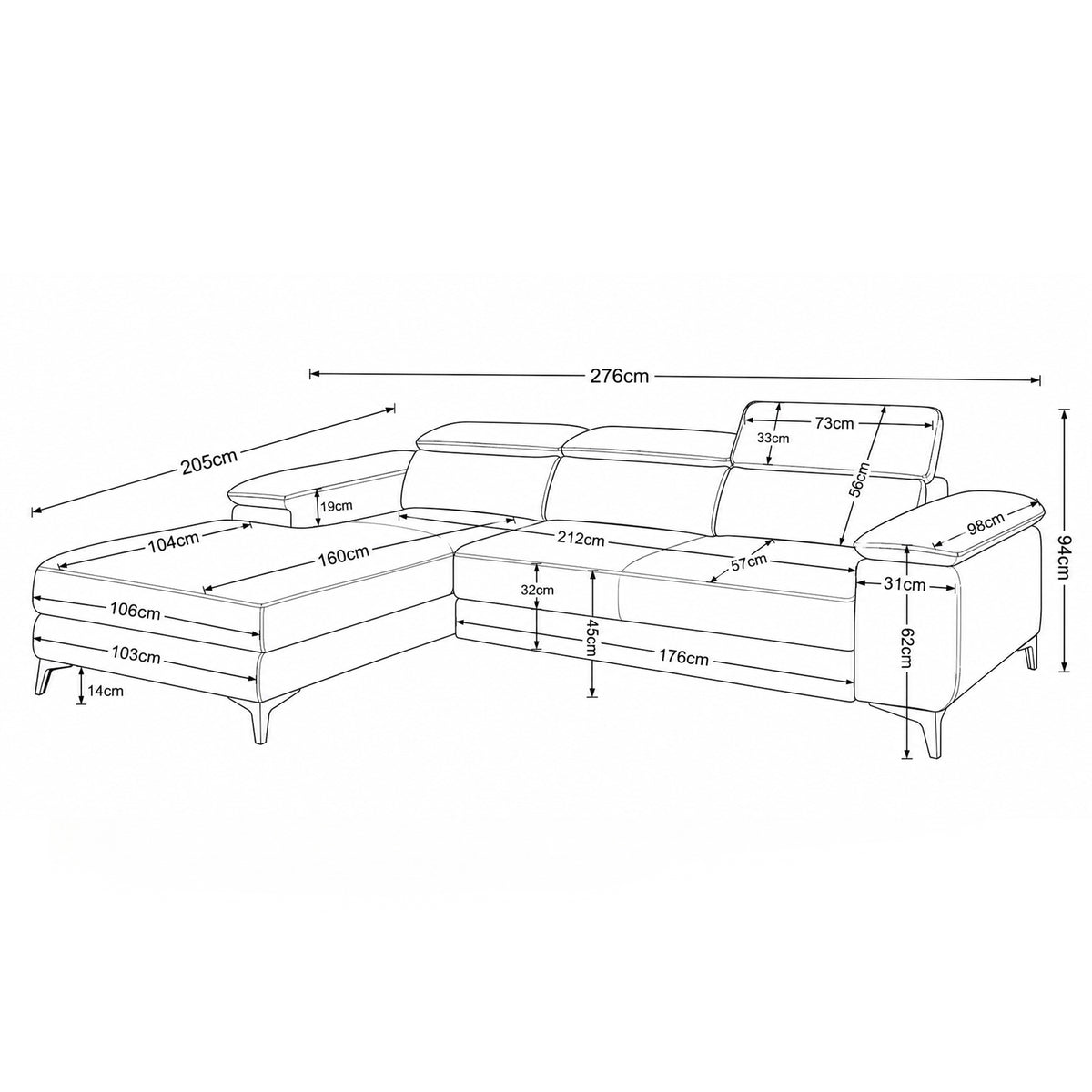 Ecksofa Bessi 276x205 – Maßzeichnung mit Breite, Höhe, Longchair und Kopfstützen
