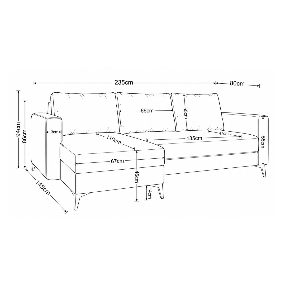 Maßzeichnung des Ecksofas Forra: Breite 235 cm, Tiefe 145 cm, Höhe 94 cm, Sitzfläche 46 cm