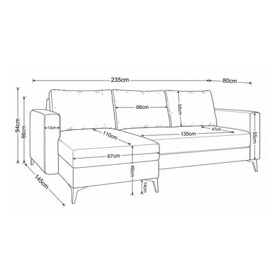 Maßzeichnung des Ecksofas Forra: Breite 235 cm, Tiefe 145 cm, Höhe 94 cm, Sitzfläche 46 cm