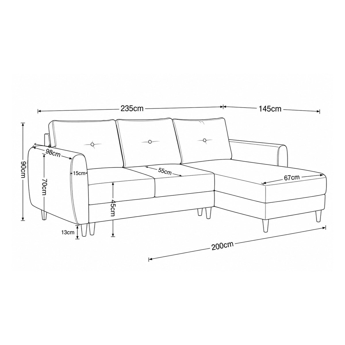 Maßzeichnung des Ecksofas Harmi: Breite 235 cm, Tiefe 145 cm, Höhe 90 cm, Sitzfläche 45 cm