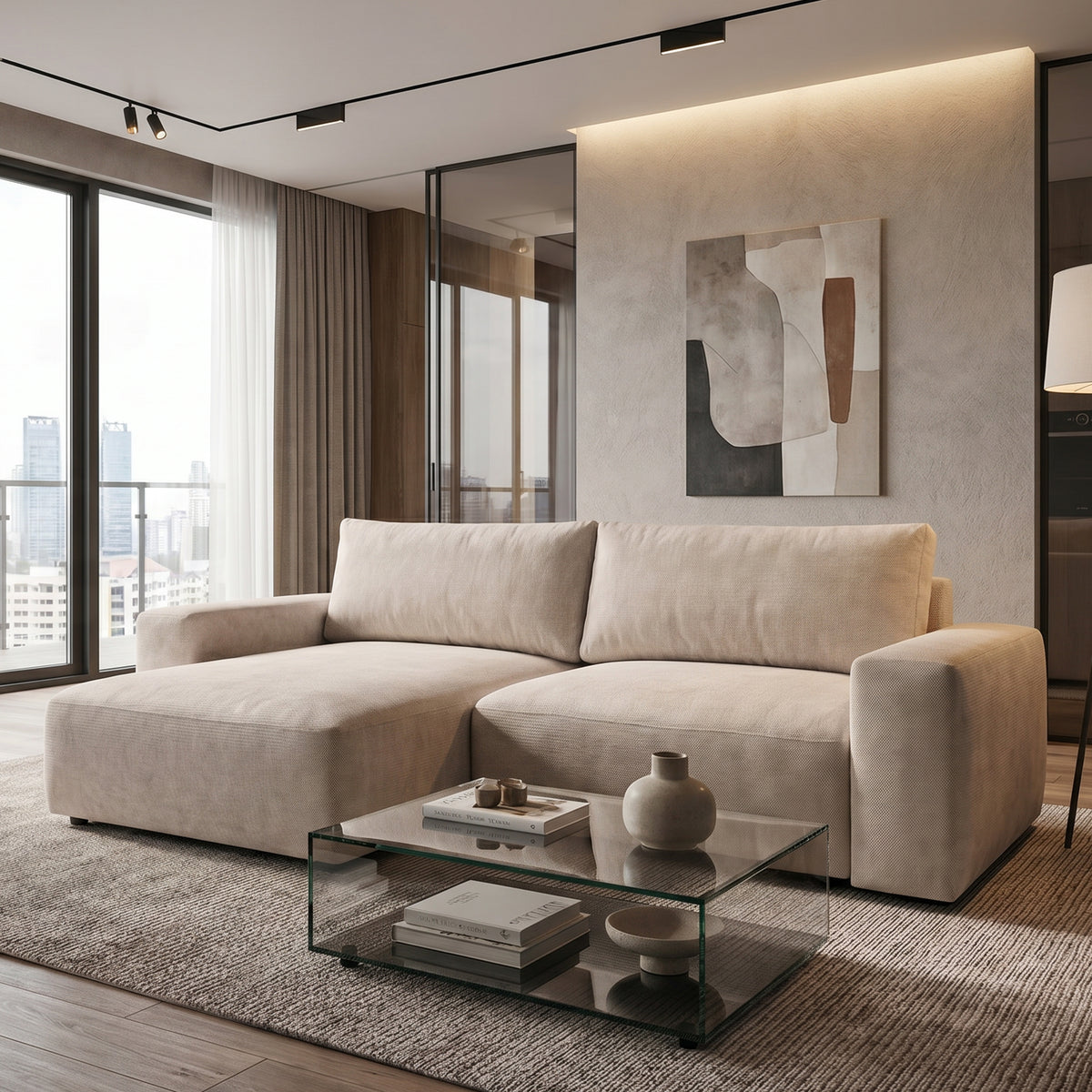 Ecksofa Iskeli Creme Taupe (ARAGON 03) linksseitig im Wohnzimmer mit Glastisch und Bild – Ecksofa fürs Wohnzimmer