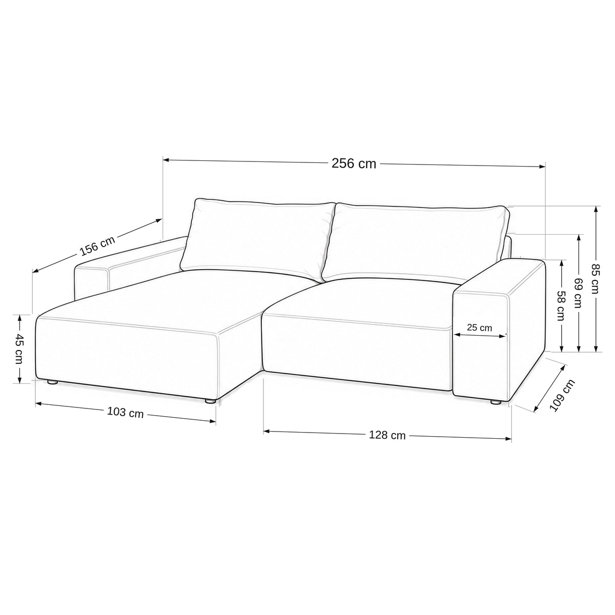Modulares Ecksofa Iskeli – Maßzeichnung mit Tiefe, Höhe, Ottomane und Armlehnenmodul
