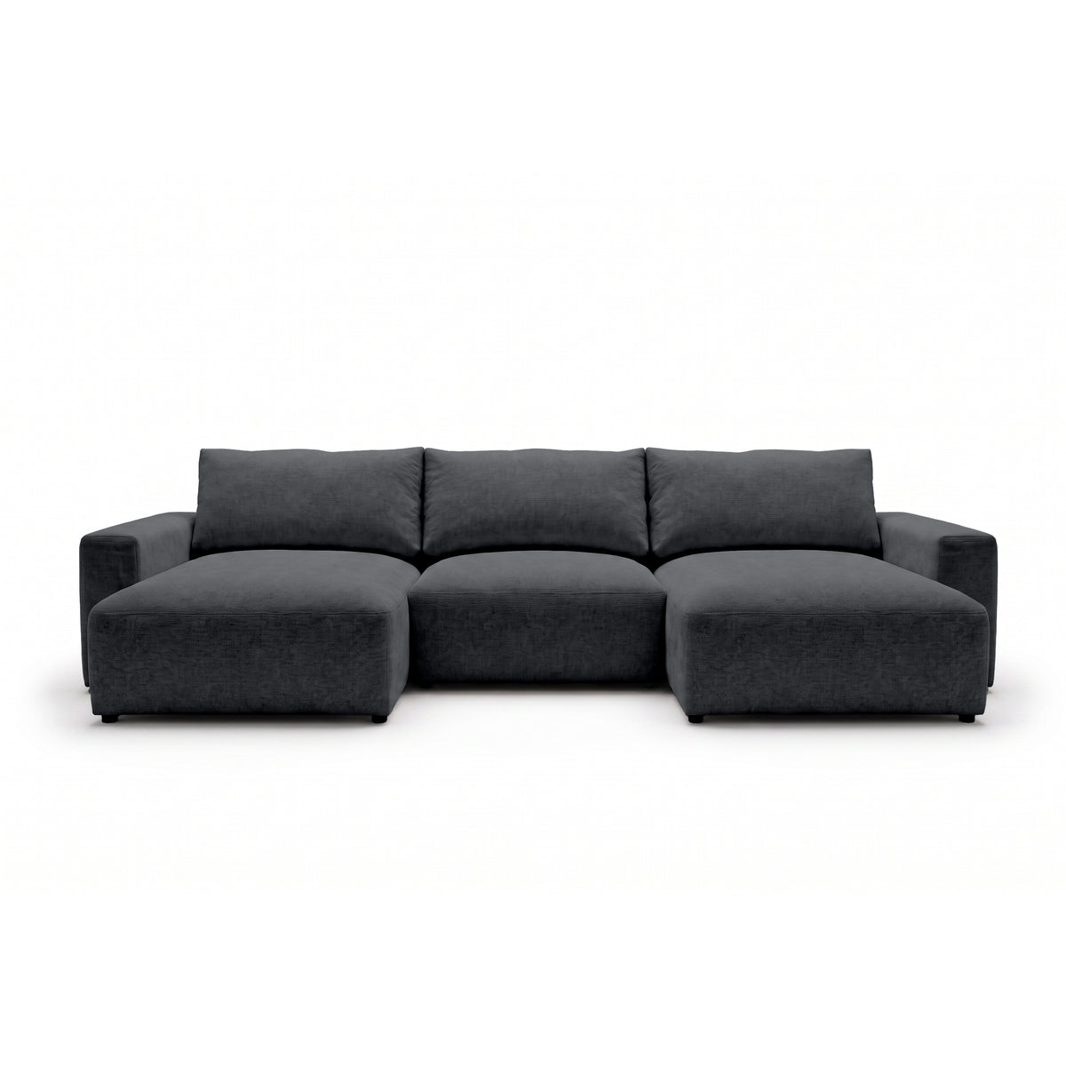 Modulare Wohnlandschaft U Iskeli 361 cm Dunkle Asche (ARAGON 93) von vorne – Ecksofa mit zwei Ottomanen im Stoff Aragon
