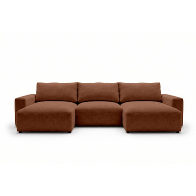 Modulare Wohnlandschaft U Iskeli 361 cm Zimt-Matt (ARAGON 56) von vorne – Ecksofa mit zwei Ottomanen im Stoff Aragon