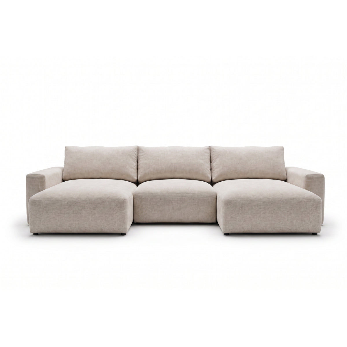 Modulare Wohnlandschaft U Iskeli 361 cm Creme Taupe (ARAGON 03) von vorne – zwei Ottomanen und Mittelmodul