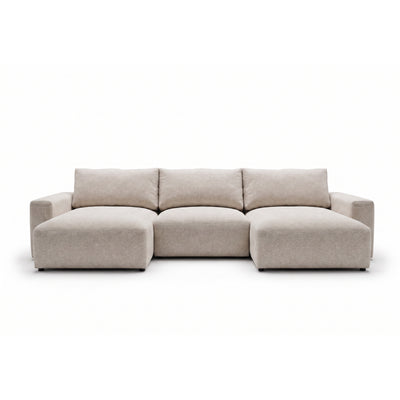 Modulare Wohnlandschaft U Iskeli 361 cm Creme Taupe (ARAGON 03) von vorne – zwei Ottomanen und Mittelmodul