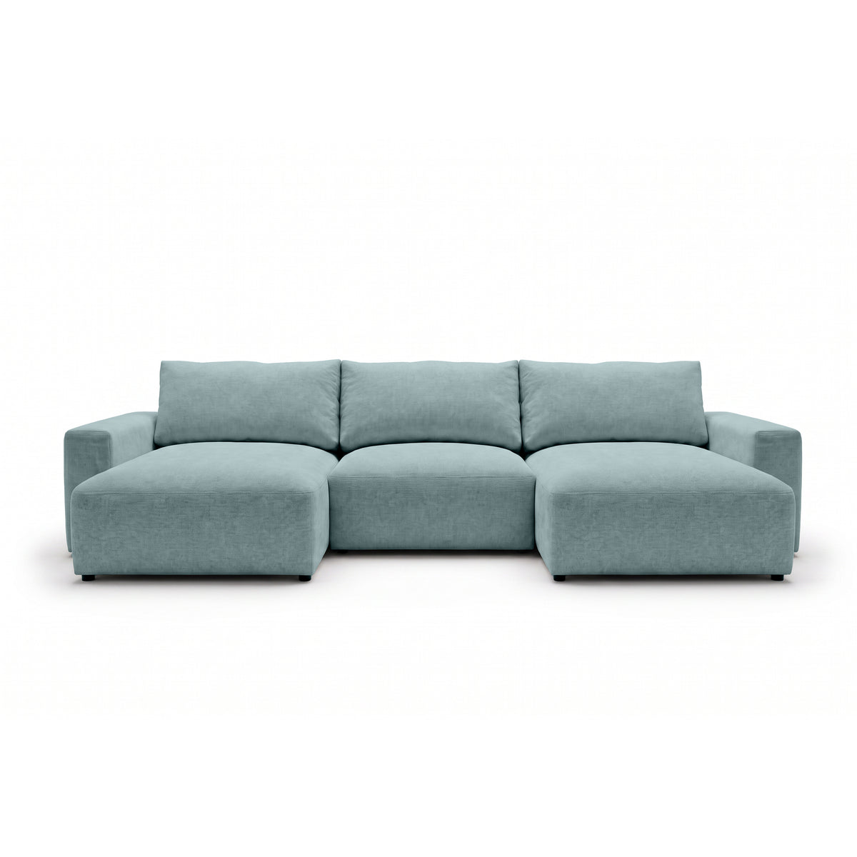 Modulare Wohnlandschaft U Iskeli 361 cm Eisazur (ARAGON 70) von vorne – Ecksofa mit zwei Ottomanen im Stoff Aragon