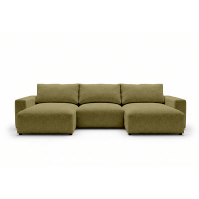 Modulare Wohnlandschaft U Iskeli 361 cm Goldenes Leinen (ARAGON 35) von vorne – Ecksofa mit zwei Ottomanen im Stoff Aragon