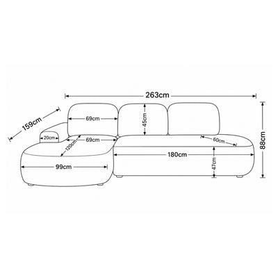 Ecksofa Moluni 263 cm – Maßzeichnung mit Breite, Höhe, Tiefe sowie Maßen von Récamiere und Sitzfläche