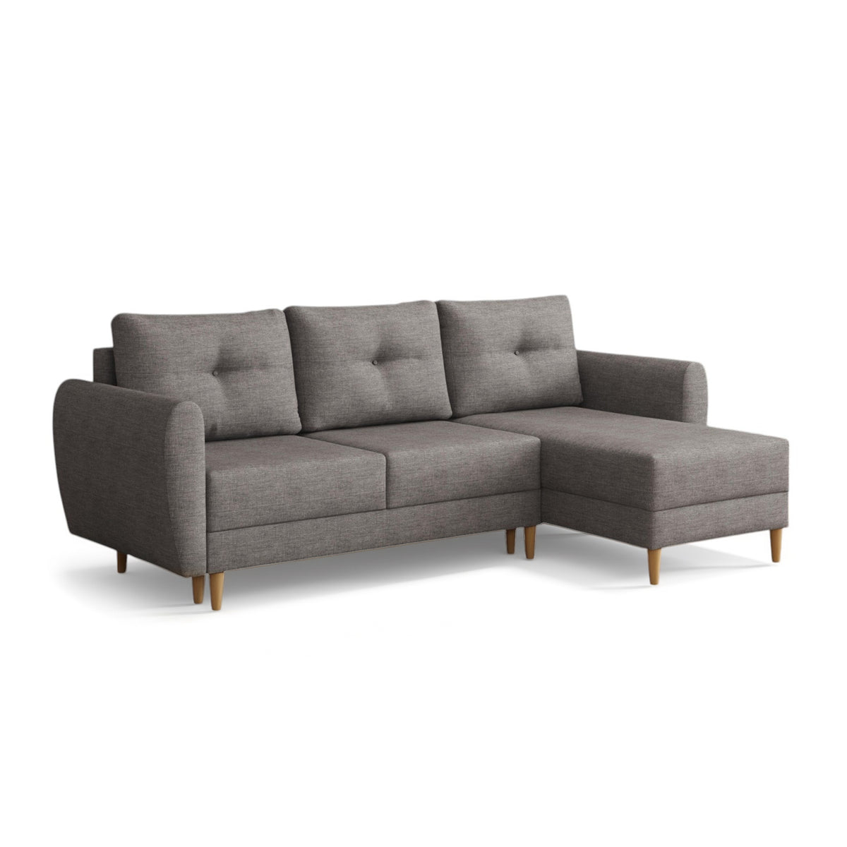 Ausklappbares Ecksofa Harmi 235 cm Silbernebel (SAWANA 05) in der rechtsseitigen Version mit Bettkasten
