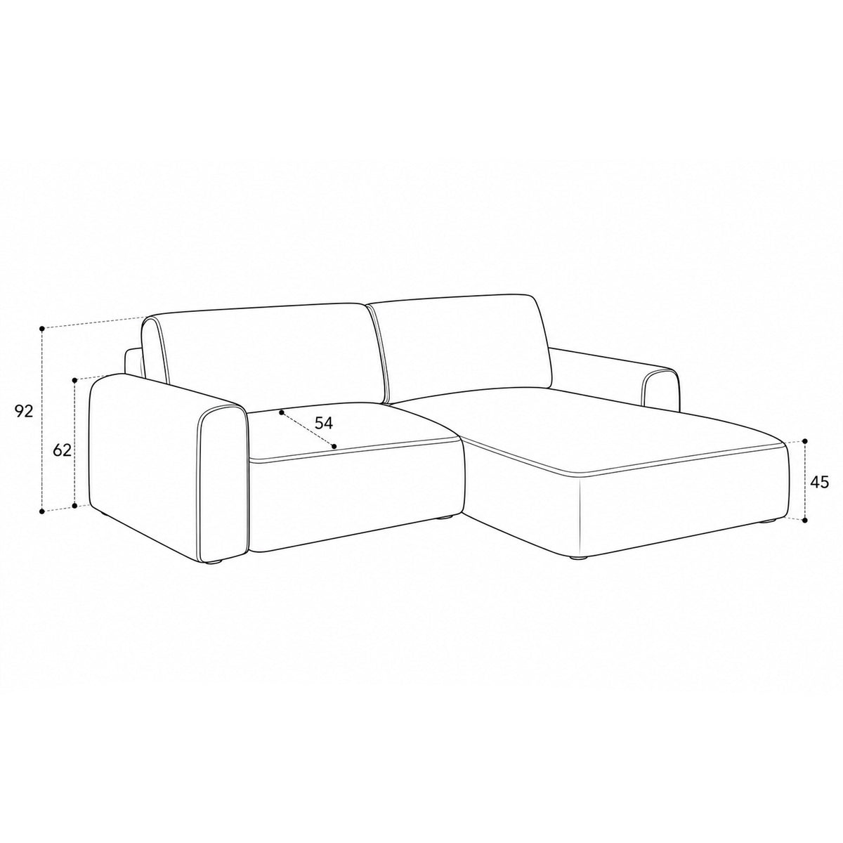 Ecksofa Saniri – Maßzeichnung mit Höhe von Rückenlehne, Armlehne und Sitz