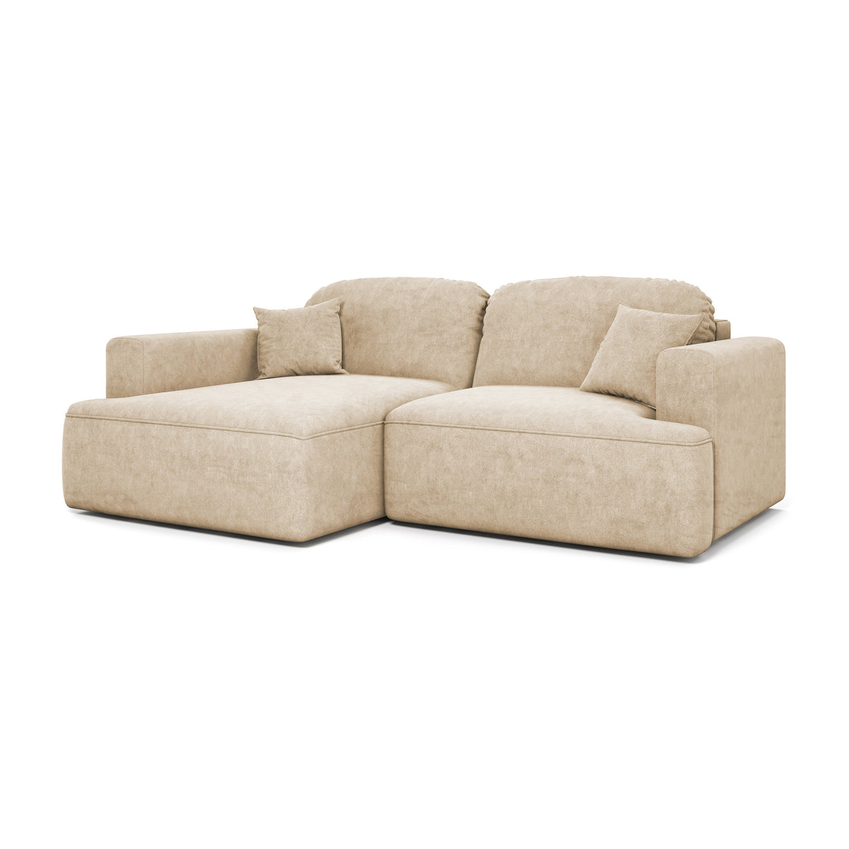 Ecksofa Senvali 240 cm Sandpergament (CLOUD 03) linksseitig – Velours-Ecksofa mit Bettkasten, Schrägansicht