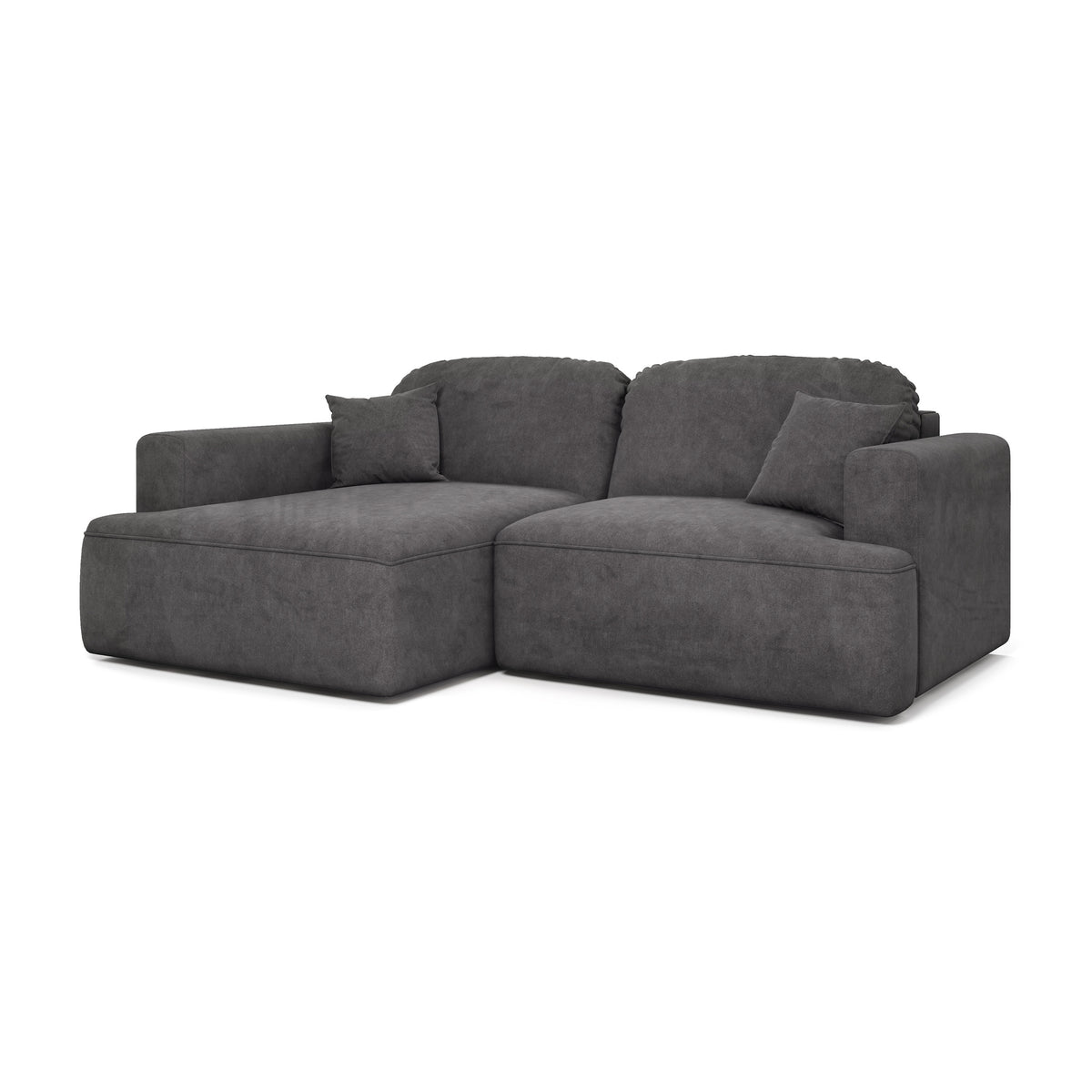 Ecksofa Senvali 240 cm Stahlgraphit (CLOUD 97) linksseitig – Ecksofa zum täglichen Schlafen, Schrägansicht