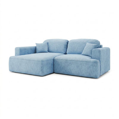 Ecksofa Senvali 240 cm Stahl Azur (CLOUD 71) linksseitig – Ecksofa fürs Wohnzimmer im Boho-Stil, Schrägansicht