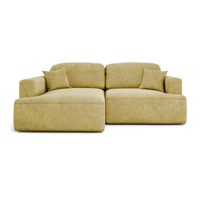 Ecksofa Senvali 240 cm Golden Sepia (CLOUD 32) linksseitig mit Dekokissen – Ecksofa fürs Wohnzimmer, Ansicht von vorne