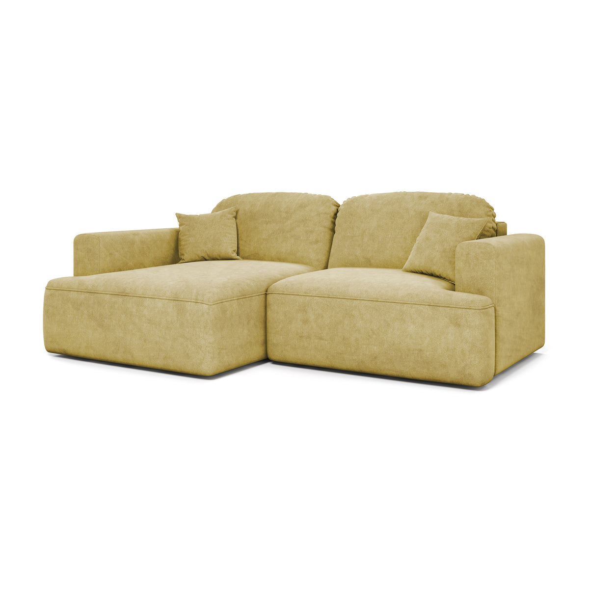 Ecksofa Senvali 240 cm Golden Sepia (CLOUD 32) linksseitig – Velours-Ecksofa mit Schlaffunktion, Schrägansicht