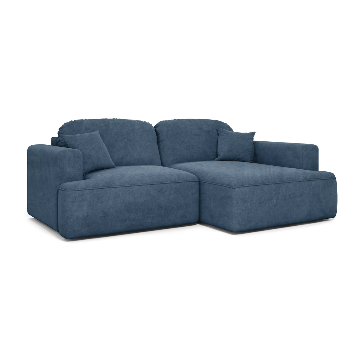 Ecksofa Senvali 240 cm Granitblau (CLOUD 74) rechtsseitig – modernes ausklappbares Ecksofa, Schrägansicht