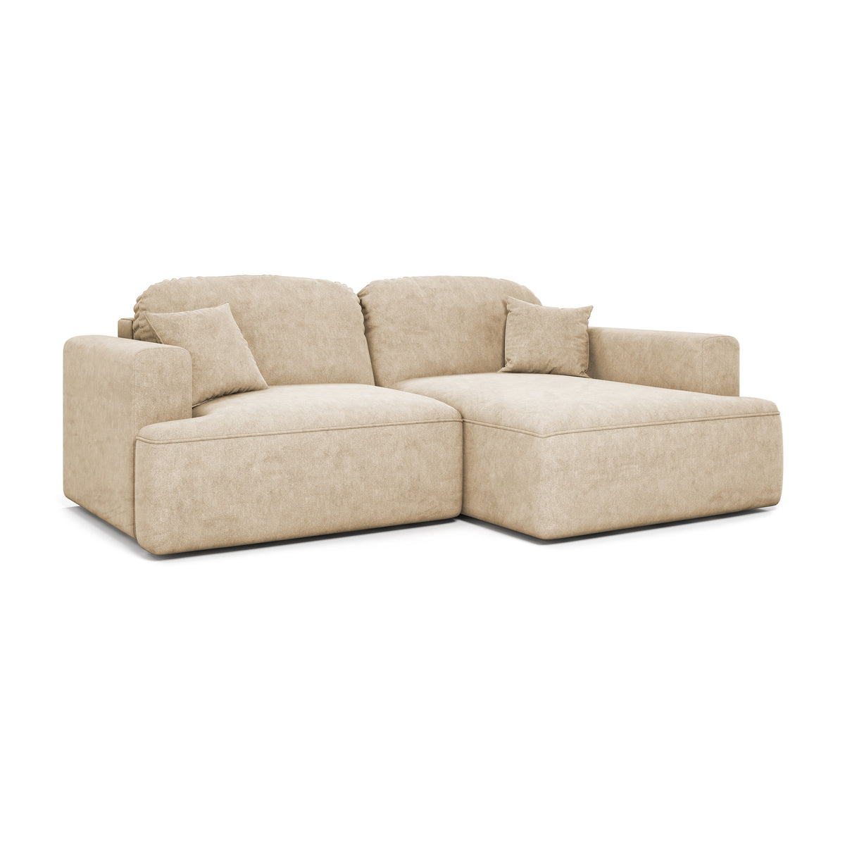 Ecksofa Senvali 240 cm Sandpergament (CLOUD 03) rechtsseitig – Ecksofa rechtsseitig mit Bettkasten, Schrägansicht