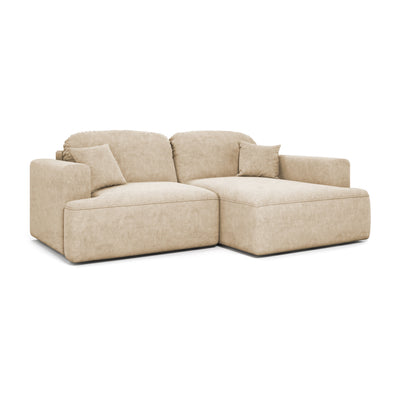 Ecksofa Senvali 240 cm Sandpergament (CLOUD 03) rechtsseitig – Ecksofa rechtsseitig mit Bettkasten, Schrägansicht