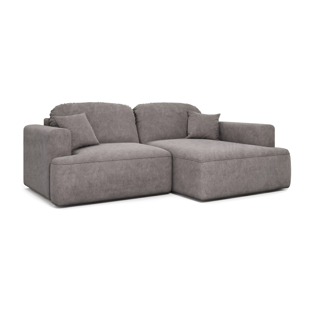 Ecksofa Senvali 240 cm Gedämpftes Lila (CLOUD 82) rechtsseitig – Ecksofa mit großen Kissen, Schrägansicht