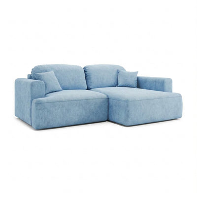 Ecksofa Senvali 240 cm Stahl Azur (CLOUD 71) rechtsseitig – Ecksofa zum Schlafen mit Récamiere, Schrägansicht