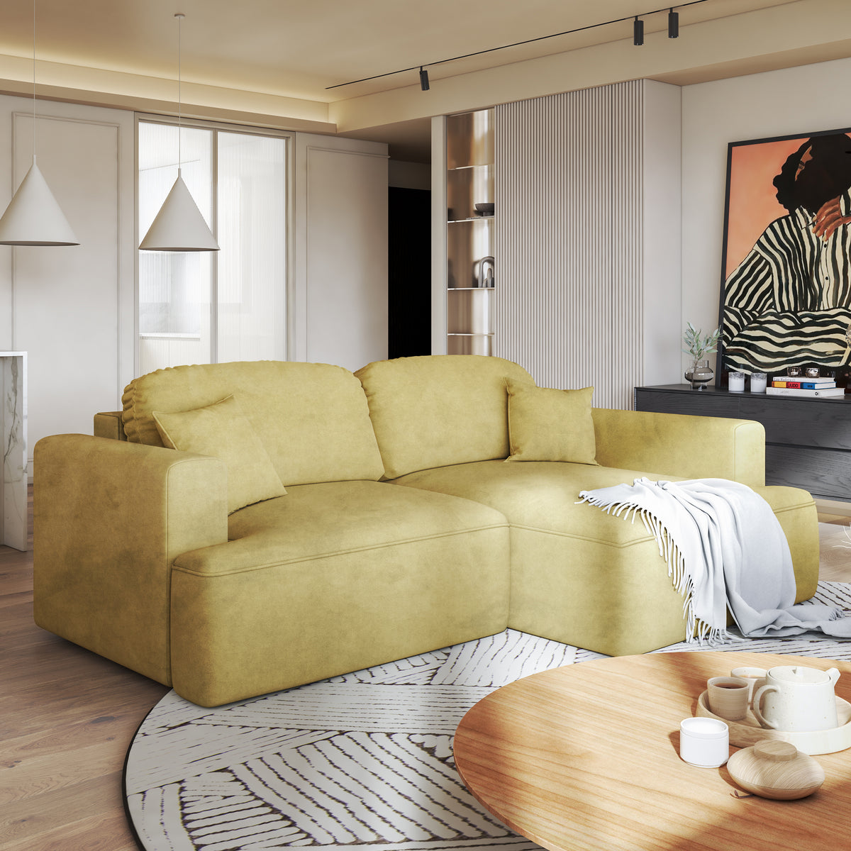 Ecksofa Senvali 240 cm Golden Sepia (CLOUD 32) rechtsseitig im modernen Wohnzimmer mit Bild und rundem Teppich