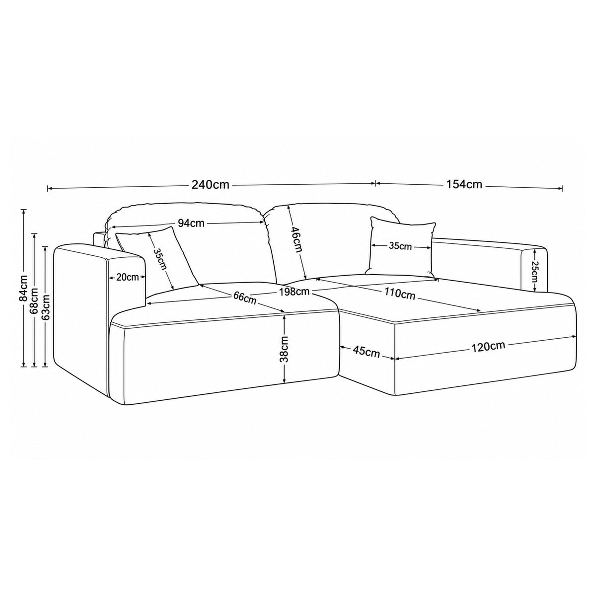 Ecksofa Senvali 240 cm – Maßzeichnung mit Breite, Höhe, Tiefe sowie Maßen von Sitzfläche und Récamiere
