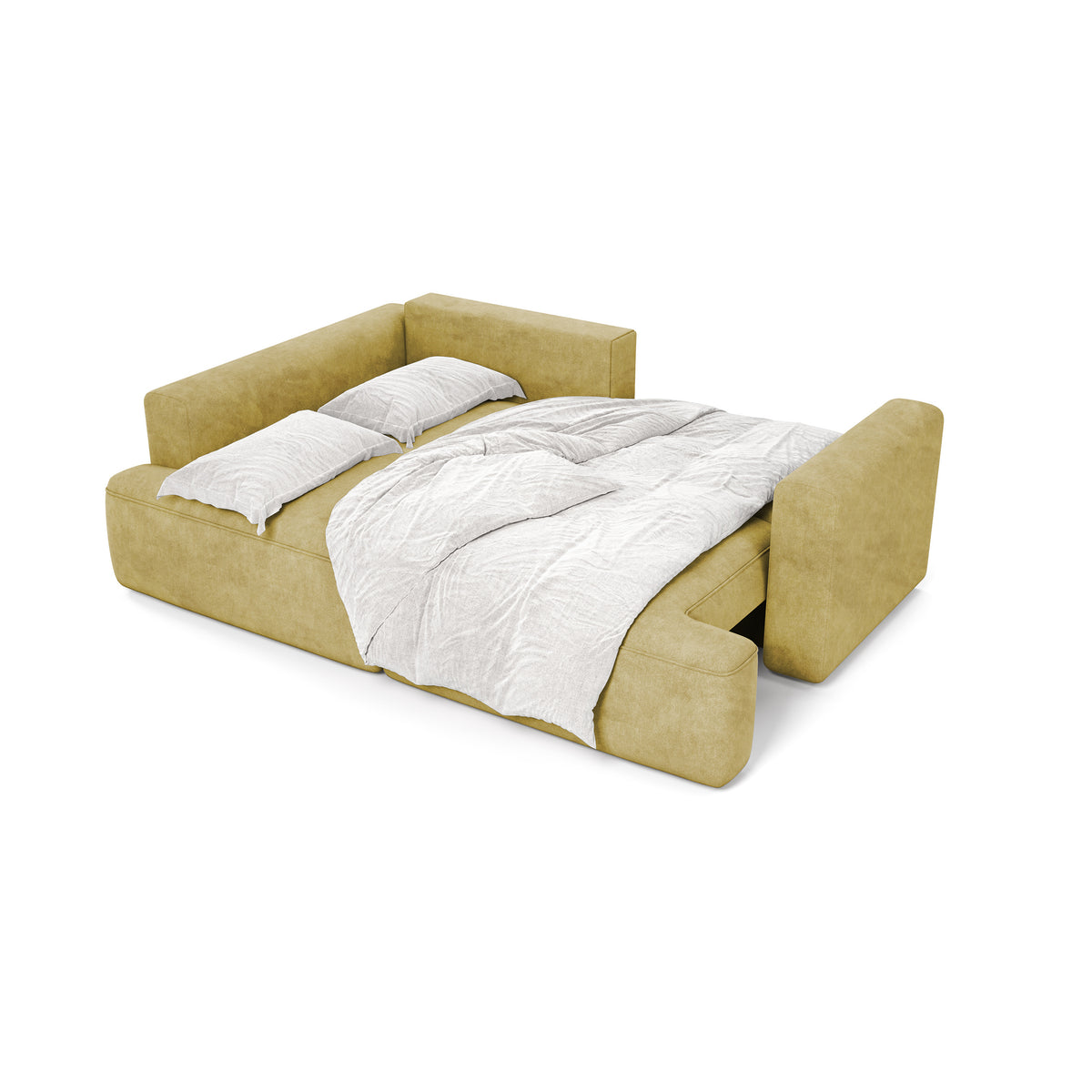Ecksofa Senvali 240 cm Golden Sepia (CLOUD 32) ausgeklapptes mit Bettzeug – Ecksofa zum täglichen Schlafen