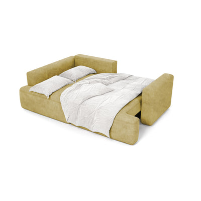 Ecksofa Senvali 240 cm Golden Sepia (CLOUD 32) ausgeklapptes mit Bettzeug – Ecksofa zum täglichen Schlafen