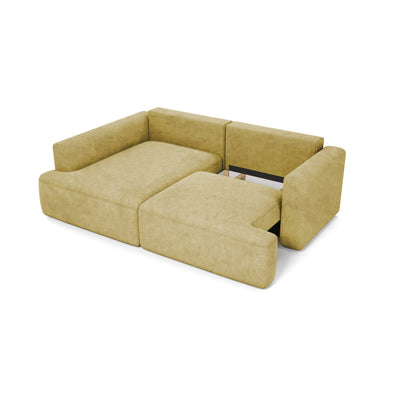 Ecksofa Senvali 240 cm Golden Sepia (CLOUD 32) beim Ausklappen – ausgezogene Sitzfläche und Bettkasten